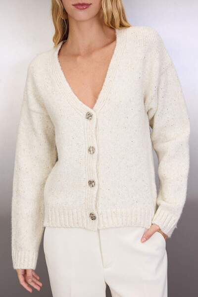 Trendyol Collection Beige Sequined Thread Button Detailed Knitwear Cardigan Twoaw26Hi00196