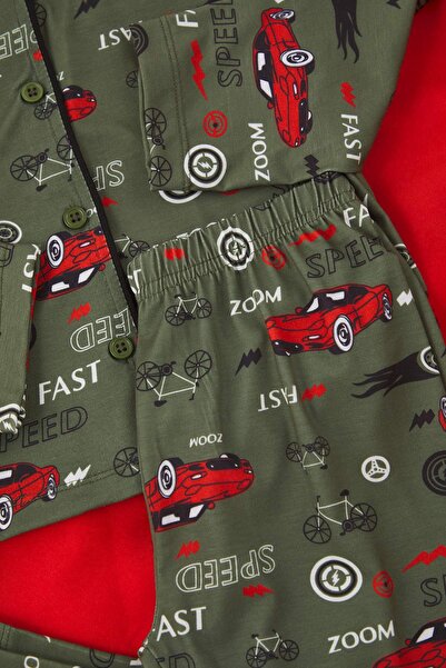 TRENDYOLKIDS Khaki Soft Textured Boys Printed Knitted Pajamas Suit Tkdaw25Au00110