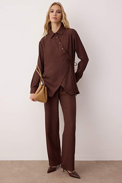 Trendyol Modest Brown Side Tie Detail Linen Look Woven Bottom - Top Set Tctaw26Us00041