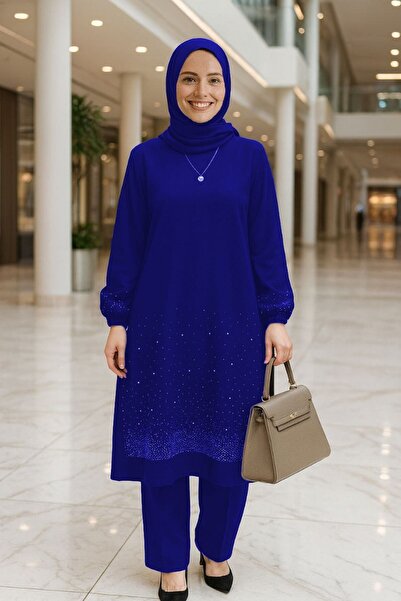 Mercan Merve Takim Saks Blue Stone Detailed Hijab Suit Crepe Fabric