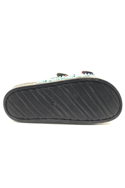Kocamanlar Ayakkabı Feles Double Buckle Cork Sole Stone Detailed Women's Slippers Black