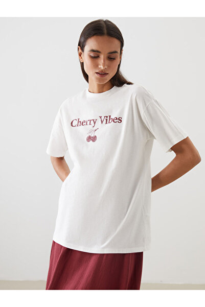 LC Waikiki Nevavm Women's T-Shirt with Oval Collar and Cherry Print