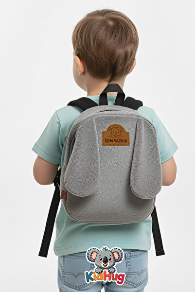 KidHug [ Istediğiniz Ismi Yazıyoruz ] Gri Çocuk Sırt Çantası Kulaklı 27cm Çoc...