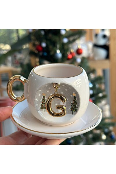 BSK Ceramics Handmade Harfli Porselen Kahve Fincan Yılbaşı Kardan Adam Çam Ağ...