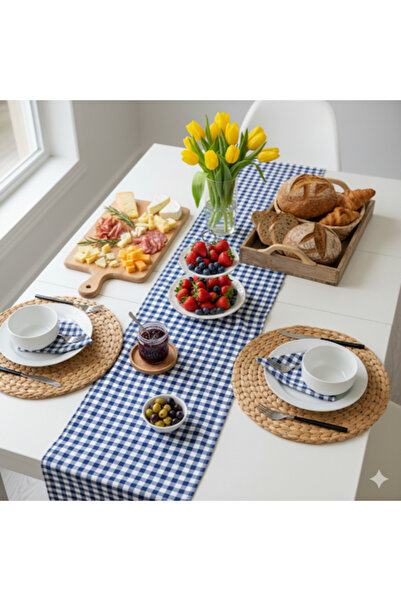 senmasy MAVİ PÖTİKARE Masa Örtüsü Runner & 6 Peçete 2'li Takım