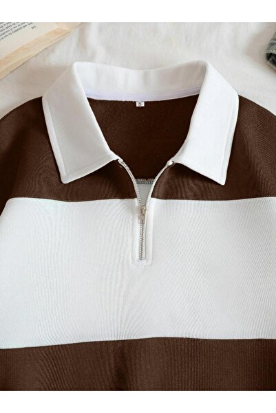 MARECASH Φούτερ με λαιμόκοψη πόλο με μισό φερμουάρ, καφέ με λευκά κομμάτια, χωρίς ραφές