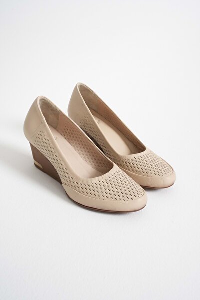 ANALİN SHOES Women's Genuine Leather Honeycomb Printed Wedge Heeled Shoes - Beige