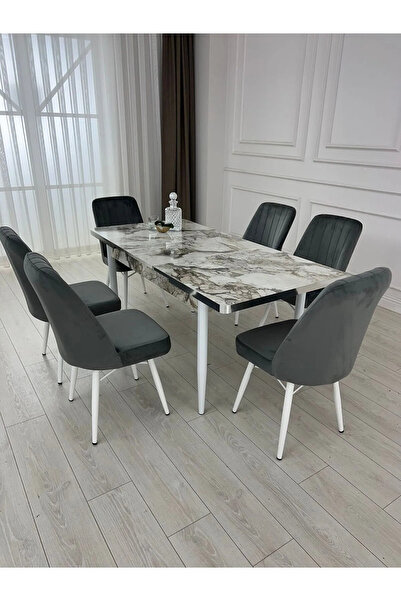 MEDA CONCEPT 6 Kişilik Açılabilir Yemek Masası Takımı Mdf Masa Takımı Beyaz Mermer Desenli Yemek Masası