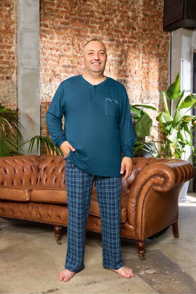 Aydoğan Lodos Store Men's Plus Size Long Sleeve Placket Thermal Pajamas Set Plaid Pattern