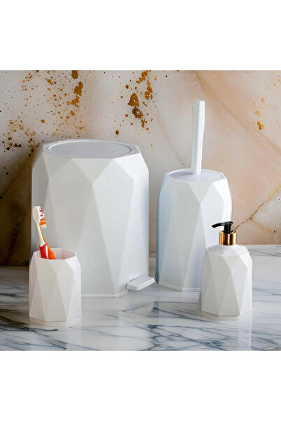 elifplastik Σετ μπάνιου Geo 4 τεμαχίων Πλαστικός κάδος απορριμμάτων 5 λίτρων Βούρτσα τουαλέτας Σετ νιπτήρα 4 τεμαχίων (ΛΕΥΚΟ)