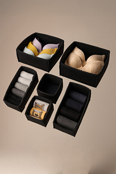 YUNUSOĞLU HOME Felt Drawer and Closet Organizer Set 6 Pieces - Black, Multi-Purpose Organizer Boxes