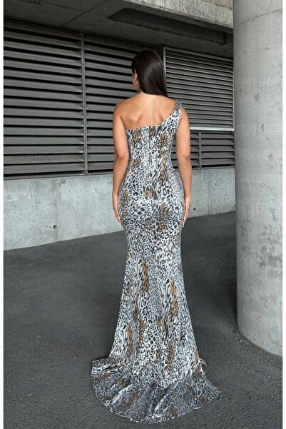 dükkan10butika Kadın The Flintstones Style Tek Omuz Yırtmaçlı Pulpayet Pullu Kumaş Fermuarlı Uzun Boy Abiye Bej