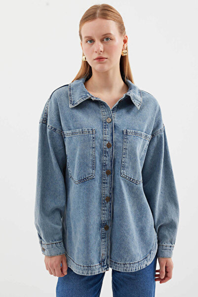 Bigdart Çift Cepli Oversize Denim Buz Mavisi Kadın Ceket 0694
