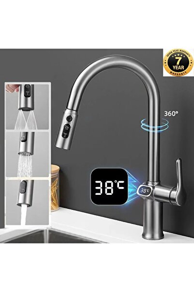 OEM Dijital Mutfak Eviye Bataryası Duş Şelale Antrasit 3 Fonksiyonlu Fiskiyel...