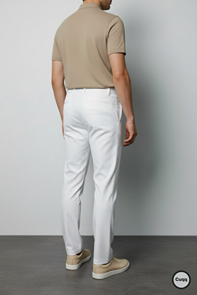 Cuqq Denim Erkek Beyaz İtalyan Kesim Esnek Likralı Kumaş Pantolon – Şık, Rahat ve Günlük Kullanıma Uygun