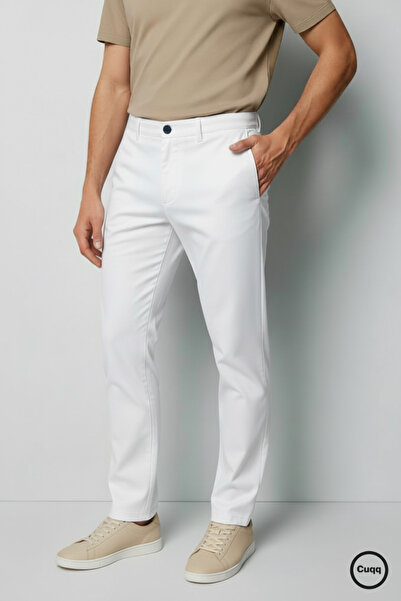 Cuqq Denim Erkek Beyaz İtalyan Kesim Esnek Likralı Kumaş Pantolon – Şık, Rahat ve Günlük Kullanıma Uygun
