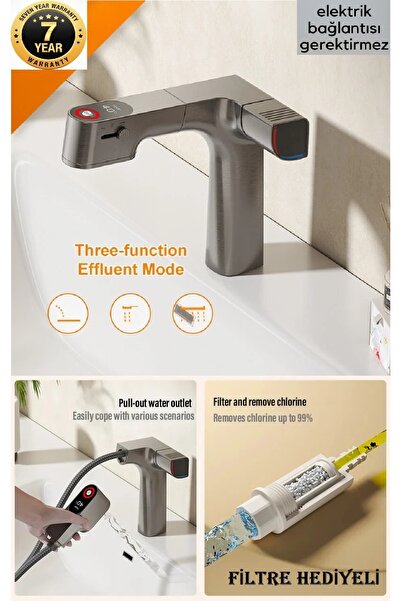 OEM AKILLI DİJİTAL SICAKLIK LED EKRAN BANYO LAVABO BATARYASI ANTRASİT 4 FONKS...