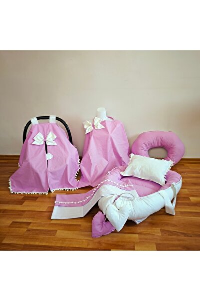 SARIYILDIZ BABYNEST Krem Lila Ponponlu Oval Yataklı 6 Parça Babynest Seti