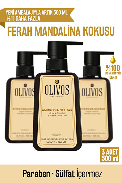 Olivos Doğal Zeytinyağlı Mandalina Sıvı Sabun Mandalinalı Zeytinyağı El Sabunu Nemlendirici 3 ADET 500 Ml