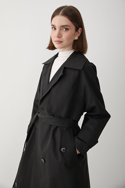 JASTE Kadın Siyah Kruvaze Yaka Astarlı Trençkot