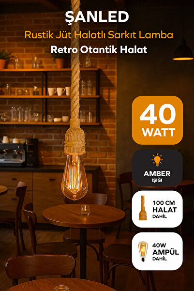 ŞANLED Rustik Jüt Halatlı Sarkıt Lamba Avize Retro Otantik Halat-100 Cm +ampü...