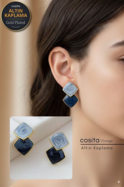 COSİTA Vintage Geometrik Kare Gri-antrasit Küpe