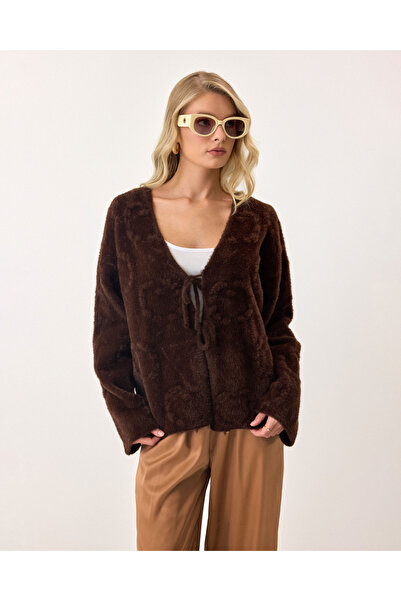 Lusin Women's Brown Stylish Embossed Detailed Soft Knitwear Kimono Cardigan