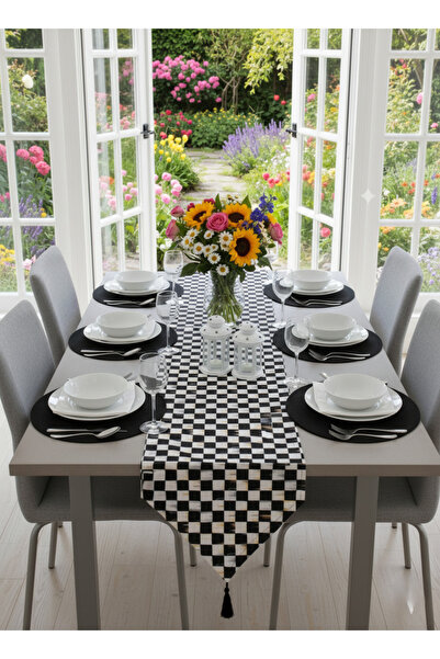 shopshop 7 Piece Checkered Pattern Tableware Presentation Set with 6 Placemats and 1 Tasseled Runner Cover Set