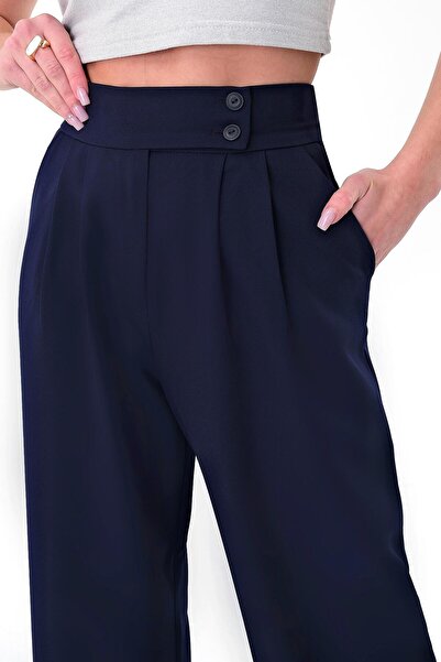 Hazel Kadın Lacivert Çift Düğmeli Palazzo Pantolon