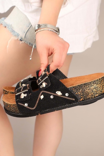 Kocamanlar Ayakkabı Feles Double Buckle Cork Sole Stone Detailed Women's Slippers Black