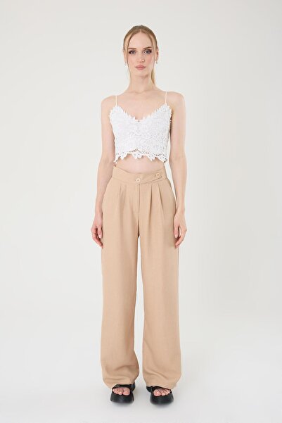 Hazel سراويل باليزو النسائية الكورية المصنوعة من مزيج الكتان والحجر