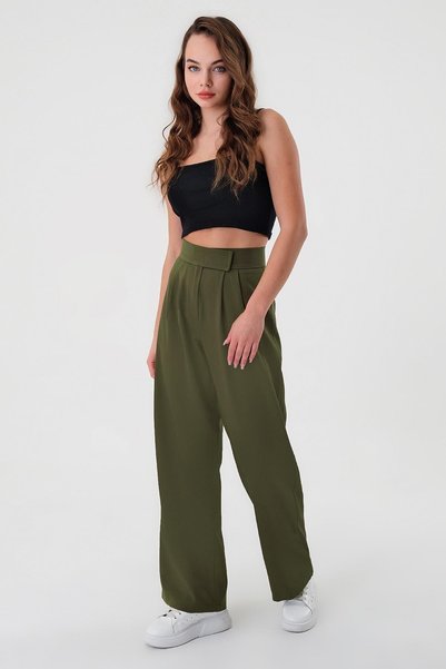 Hazel Pantaloni Palazzo Kaki cu velcro cu talie înaltă de damă