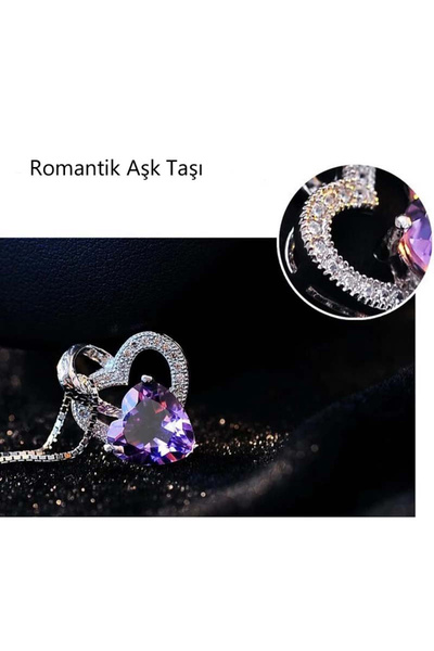 Brezza Lusso Jewelry Gümüş Ametist Taşlı Çift Kalp Kadın Gümüş Kolye