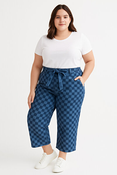 Artıbir Tekstil İmalat Kadın Mavi Dama Desenli Yüksek Bel Likralı Crop Paça Pantolon