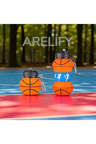 Arelify Basketbol Topu Katlanır Silikon Matara Pipetli Spor Suluk-500mL