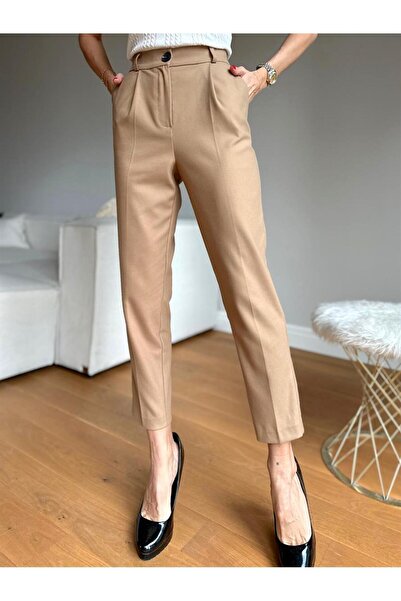 Maldia Shop Women's Elastic Waist Pocket Cream Carrot Cotton Trousers