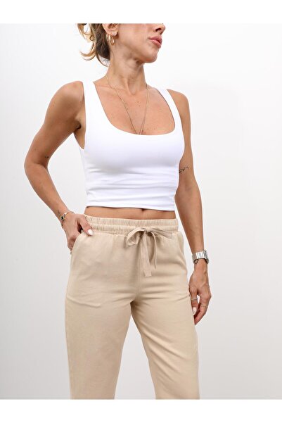 Maldia Shop Women's Elastic Waist Tassel Detail Piece Dye Gabardine Stone Trousers