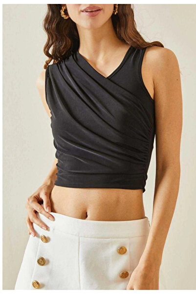 MetuCA Women's Black Drape Collar Crop Blouse