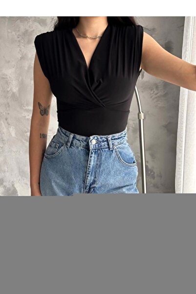 MetuCA Women's Shoulder Pad Pack Double-Breasted Collar Sleeveless Draped Bodycon Bodysuit with Snap Buttons at the Bottom - Black