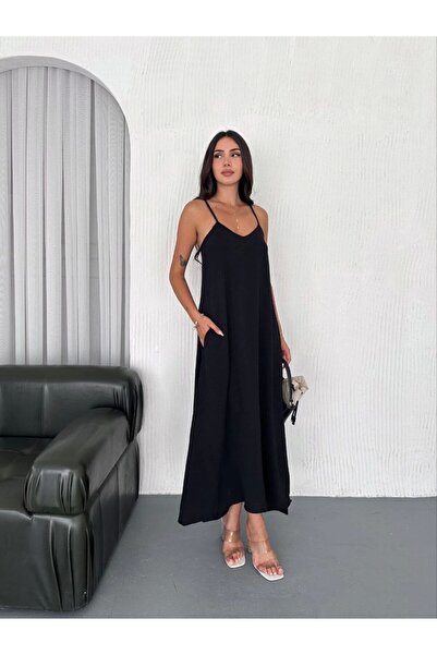 MetuCA Kadın Askılı Ayrobin Uzun Elbise Cepli Oversize Model Sırtı Açık Göğüs Dekolteli - Yazlık