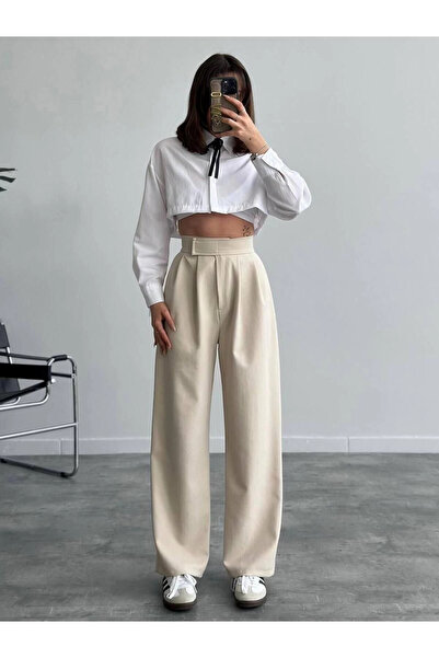 MetuCA بنطال بالازو نسائي كريمي بخصر عالٍ وجيب فيلكرو من القماش الإسباني - سا...