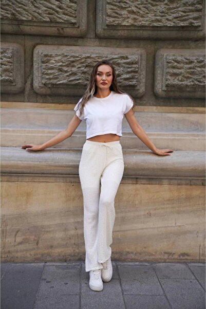 MetuCA Kadın Yüksek Bel Rahat Kesim Gofre Kumaş Yazlık Ev & Günlük Pantolon