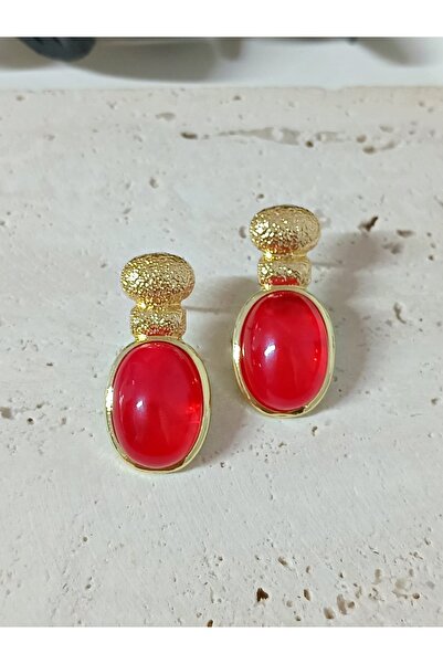 mos&more Kızılcık Şerbeti Gold Kırmızı Boncuklu Şık Klasik Küpe