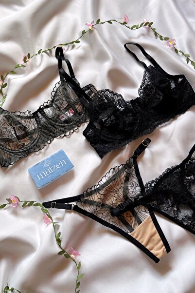MAİZEN 2'li Sütyen Takım Dantelli Toparlayıcı Balenli Transparan Siyah Takımlar