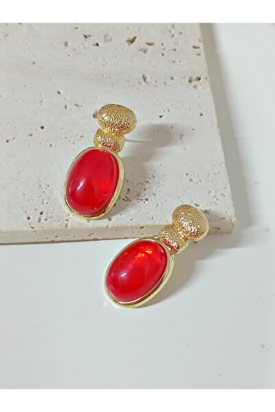 mos&more Kızılcık Şerbeti Gold Kırmızı Boncuklu Şık Klasik Küpe