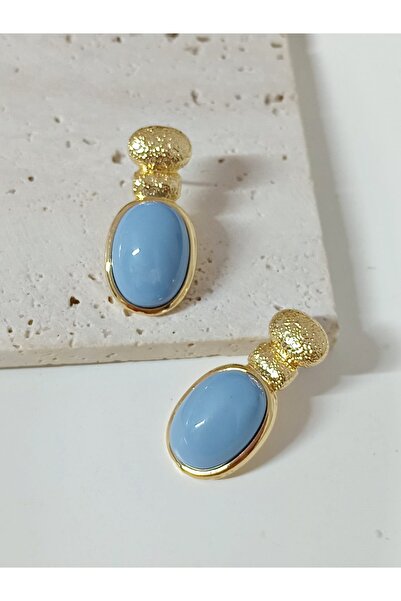 mos&more Kızılcık Şerbeti Gold Mavi Boncuklu Şık Klasik Küpe