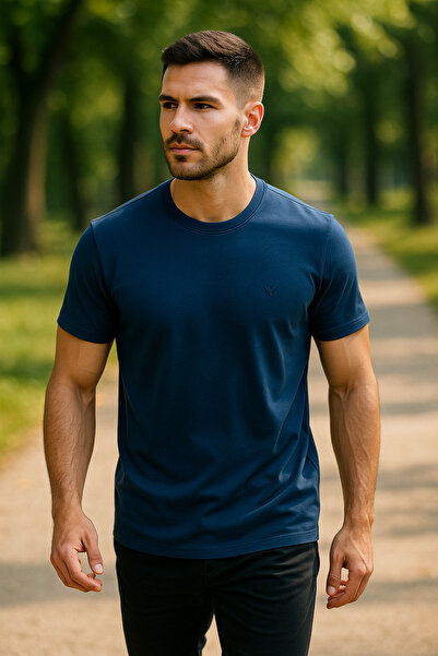 Maccali Men's Short Sleeve Summer Cotton Navy Blue Basic T-Shirt