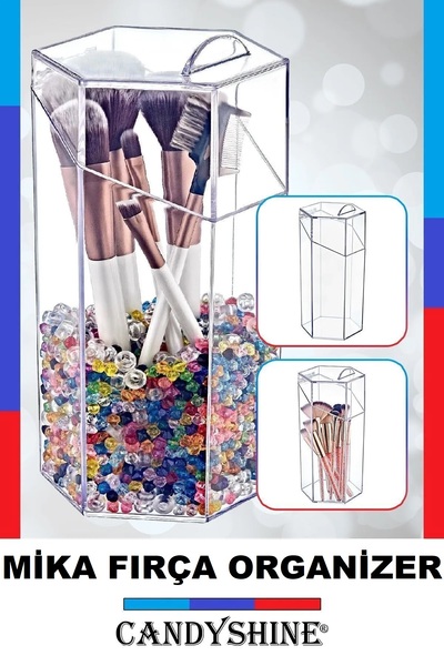 CandyShine Premium Kapaklı Mika Fırça Düzenleyici Makyaj Fırçası Organizer Al...