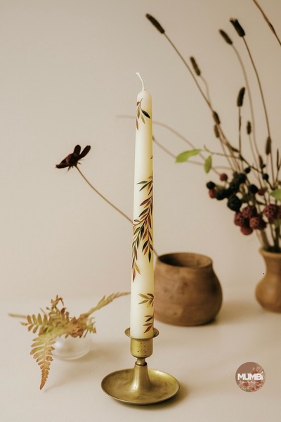 mumbi Sonbahar Yaprak El Boyaması Şamdan Mum | Konik Şamdan Mum | Doğal El Ya...