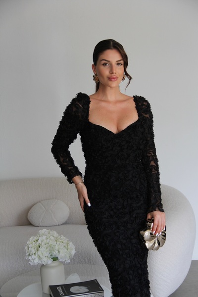 Julidress DAR KESİM Rochie neagră cu model tridimensional de trandafiri, deco...